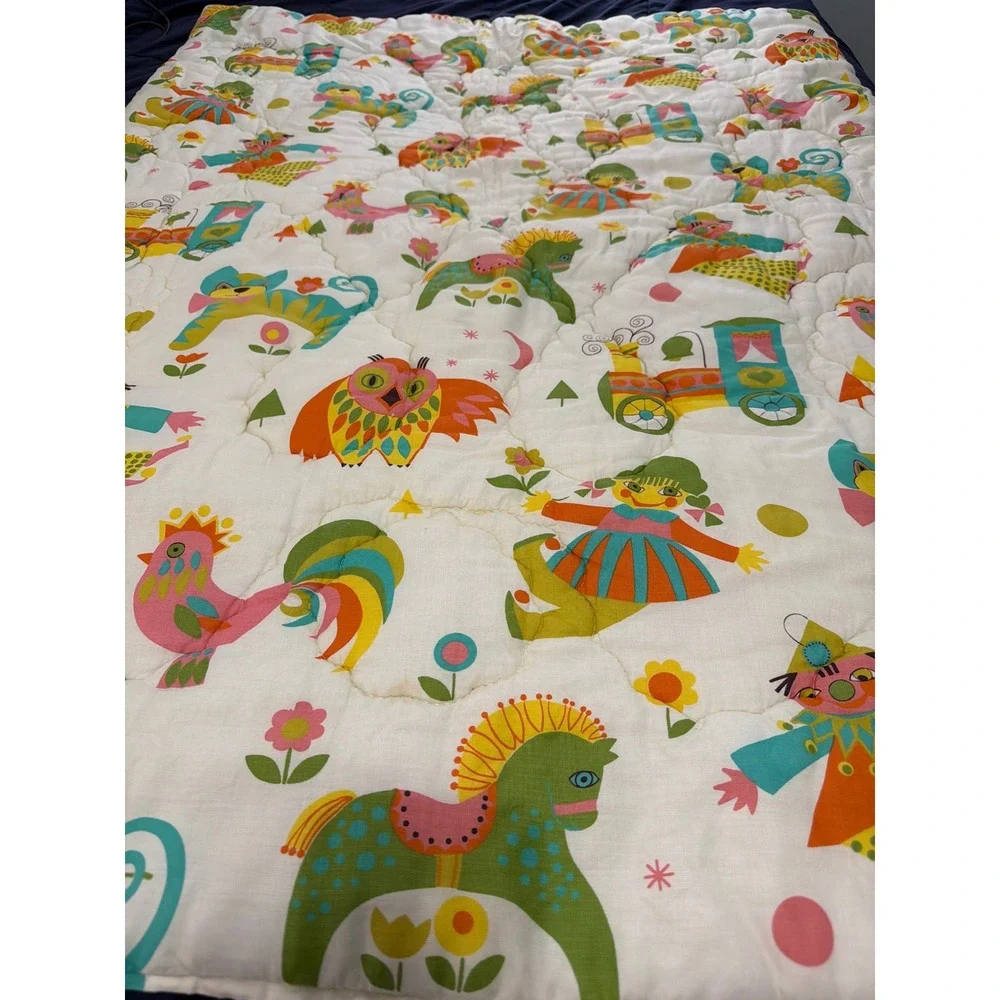 VTG Downloft Quilted Comforter Baby Crib Yellow Storybook Animal Print Quilt MCM